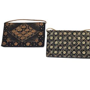 2 1950s Black Velvet Vintage Evening Clutch Bags With Gold Metallic Designs